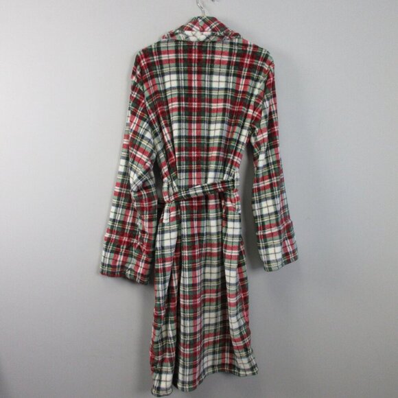 Pottery Barn Women's Plaid Robe Medium Red Multicolor Belted Long Sleeve 692 - Picture 2 of 10